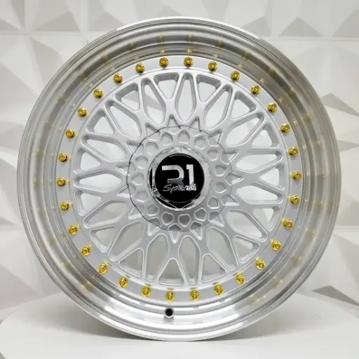 [170693R] RIN 17X8.5 4-100/114.3 R1 SPORT F6625 SILVER MACHINE LIP GOLD RIVETS ET35 CB73.1